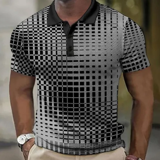 New OUKU Men's Plaid Waffle Polo Shirts Golf Shirt Short Sleeve Polo Shirts Collared Shirts Vintage Casual Vacation Wear Formal Wear Festival Wear Buttons 3D Print Light Yellow Light Pink Black-White
