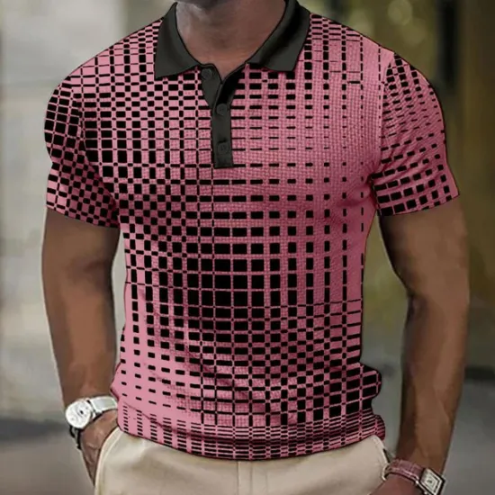 New OUKU Men's Plaid Waffle Polo Shirts Golf Shirt Short Sleeve Polo Shirts Collared Shirts Vintage Casual Vacation Wear Formal Wear Festival Wear Buttons 3D Print Light Yellow Light Pink Black-White