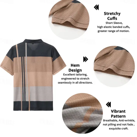 New OUKU Men's Plaid Waffle Polo Shirts Golf Shirt Short Sleeve Polo Shirts Collared Shirts Vintage Casual Vacation Wear Formal Wear Festival Wear Buttons 3D Print Light Yellow Light Pink Black-White