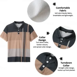 New OUKU Men's Plaid Waffle Polo Shirts Golf Shirt Short Sleeve Polo Shirts Collared Shirts Vintage Casual Vacation Wear Formal Wear Festival Wear Buttons 3D Print Light Yellow Light Pink Black-White