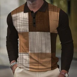Discount OUKU Men's Plaid Waffle Polo Shirts Golf Shirt Long Sleeve Polo Shirts Collared Shirts Vintage Casual Vacation Wear Formal Wear Festival Wear Buttons 3D Print Spring Fall Winter Brown