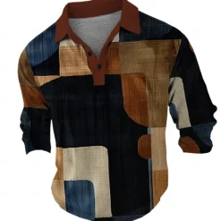 Sale OUKU Men's Plaid Waffle Polo Shirts Golf Shirt Long Sleeve Polo Shirts Collared Shirts Vintage Casual Vacation Wear Formal Wear Festival Wear Buttons 3D Print Spring Fall Winter Blue