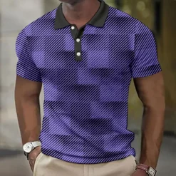 Discount OUKU Men's Plaid Waffle Polo Shirts Golf Shirt Short Sleeve Polo Shirts Collared Shirts Vintage Casual Vacation Wear Formal Wear Festival Wear Buttons 3D Print White Pink Blue