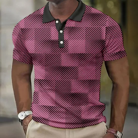 Discount OUKU Men's Plaid Waffle Polo Shirts Golf Shirt Short Sleeve Polo Shirts Collared Shirts Vintage Casual Vacation Wear Formal Wear Festival Wear Buttons 3D Print White Pink Blue