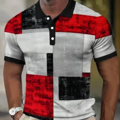 Best OUKU Men's Plaid Waffle Polo Shirts Golf Shirt Short Sleeve Polo Shirts Collared Shirts Vintage Casual Vacation Wear Formal Wear Festival Wear Buttons 3D Print Black Yellow Red