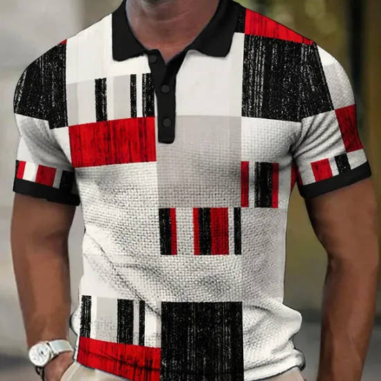 Best OUKU Men's Plaid Waffle Polo Shirts Golf Shirt Short Sleeve Polo Shirts Collared Shirts Vintage Casual Vacation Wear Formal Wear Festival Wear Buttons 3D Print Black Yellow Red