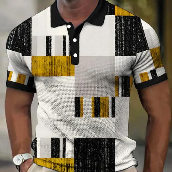 Best OUKU Men's Plaid Waffle Polo Shirts Golf Shirt Short Sleeve Polo Shirts Collared Shirts Vintage Casual Vacation Wear Formal Wear Festival Wear Buttons 3D Print Black Yellow Red