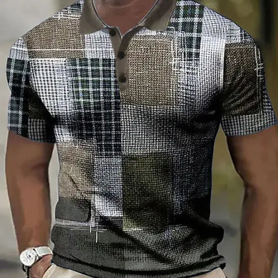 New OUKU Men's Plaid Waffle Polo Shirts Golf Shirt Short Sleeve Polo Shirts Collared Shirts Vintage Casual Vacation Wear Formal Wear Festival Wear Buttons 3D Print Blue Green Khaki