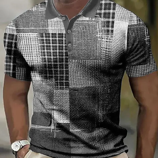 New OUKU Men's Plaid Waffle Polo Shirts Golf Shirt Short Sleeve Polo Shirts Collared Shirts Vintage Casual Vacation Wear Formal Wear Festival Wear Buttons 3D Print Blue Green Khaki