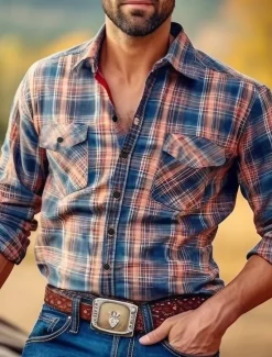 Hot OUKU Men's Plaid Western Shirt Button Up Shirt Cowboy Shirt Long Sleeve Vintage Western Daily Wear Spring Fall & Winter Turndown Collared Shirts 3D Print Front Pocket Royal Blue Blue