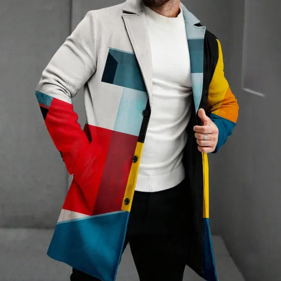Sale OUKU Men's Plaid Winter Coat Fleece Jacket Overcoat Thermal Comfortable Business Casual Formal Daily Wear Buttons 3D Print Front Pocket Winter Turndown Long Sleeve Yellow Red Multi Color