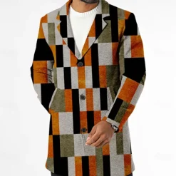 Sale OUKU Men's Plaid Winter Coat Fleece Jacket Overcoat Thermal Comfortable Casual Street Outdoor clothing Daily Wear Buttons 3D Print Front Pocket Winter Turndown Long Sleeve Orange
