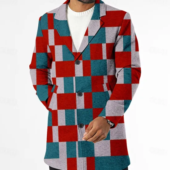 Outlet OUKU Men's Plaid Winter Coat Fleece Jacket Overcoat Thermal Comfortable Casual Street Outdoor clothing Daily Wear Buttons 3D Print Front Pocket Winter Turndown Long Sleeve Red Blue
