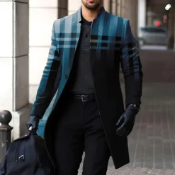 Clearance OUKU Men's Plaid Winter Coat Overcoat Coat Warm Breathable Comfortable Business Casual Work Wear to work Going out Pocket Print Fall & Winter Stand Collar Long Sleeve Blue Brown Gray
