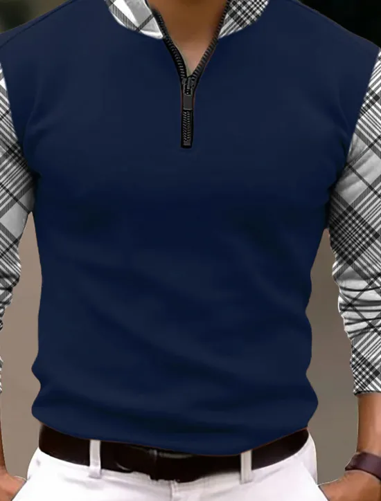 Online OUKU Men's Plaid Zip Polo Golf Polos Shirts Long Sleeve Polo Shirts Zip Business Outdoor Casual Daily Streetwear 3D Print Fall & Winter Black White Dark Navy