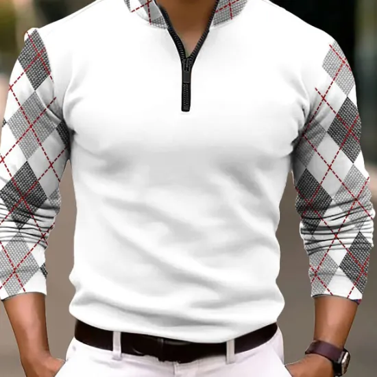 New OUKU Men's Plaid Zip Polo Long Sleeve Polo Shirts Zip Business Outdoor Casual Daily Streetwear 3D Print Fall & Winter Black White Dark Navy