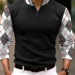 New OUKU Men's Plaid Zip Polo Long Sleeve Polo Shirts Zip Business Outdoor Casual Daily Streetwear 3D Print Fall & Winter Black White Dark Navy