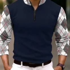 New OUKU Men's Plaid Zip Polo Long Sleeve Polo Shirts Zip Business Outdoor Casual Daily Streetwear 3D Print Fall & Winter Black White Dark Navy