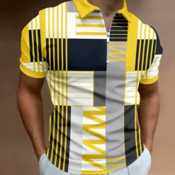 Clearance OUKU Men's Plaid Zip Polo Shirts Golf Shirt Short Sleeve Polo Shirts Collared Shirts Vintage Casual Vacation Wear Formal Wear Festival Wear 3D Print Quarter Zip Polo Summer Yellow+Orange Yellow