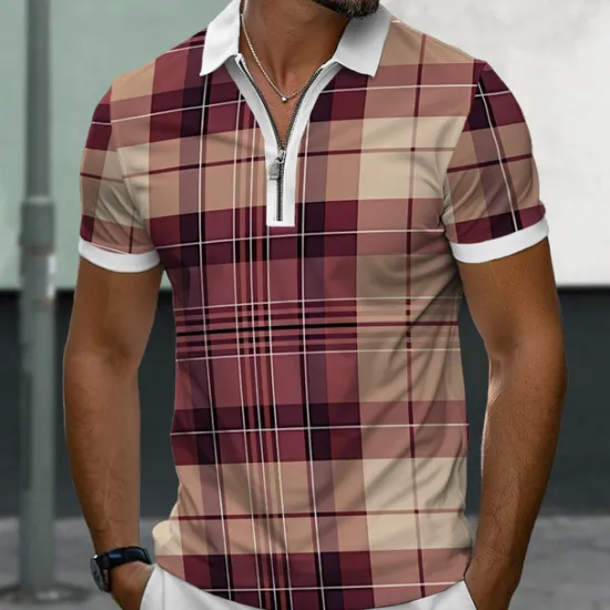 Sale OUKU Men's Plaid Zip Polo Shirts Golf Shirt Short Sleeve Polo Shirts Collared Shirts Casual Vacation Wear Formal Wear Festival Wear 3D Print Quarter Zip Polo Summer Wine Purple