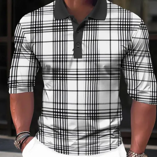 OUKU Men's Plaid Zip Polo Shirts Golf Shirt Long Sleeve Polo Shirts Collared Shirts Casual Vacation Wear Formal Wear Festival Wear 3D Print Quarter Zip Polo Spring & Summer White Green Khaki