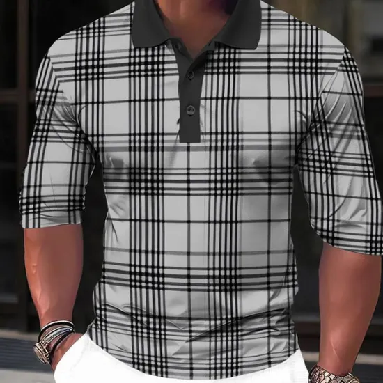 OUKU Men's Plaid Zip Polo Shirts Golf Shirt Long Sleeve Polo Shirts Collared Shirts Casual Vacation Wear Formal Wear Festival Wear 3D Print Quarter Zip Polo Spring & Summer White Green Khaki