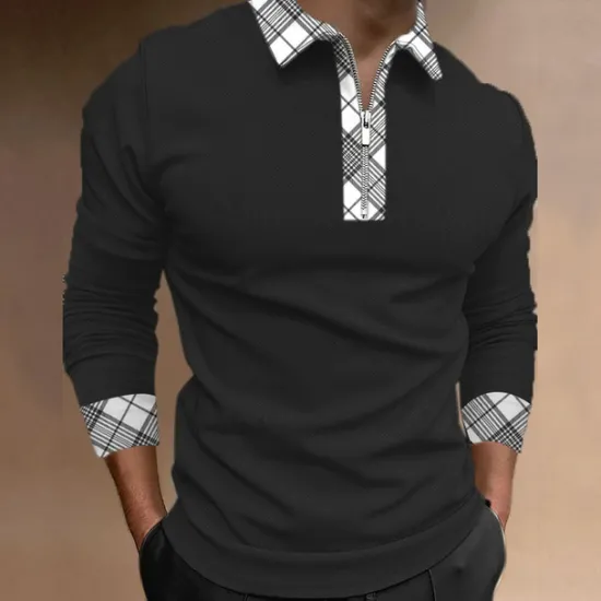 Best OUKU Men's Plaid Zip Polo Shirts Golf Shirt Long Sleeve Polo Shirts Collared Shirts WorkWear Formal Wear Festival Wear 3D Print Quarter Zip Polo Fall & Winter Black White Blue