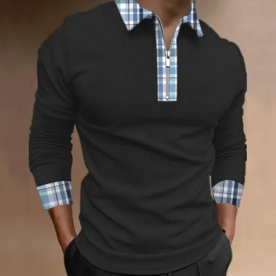 Outlet OUKU Men's Plaid Zip Polo Shirts Golf Shirt Long Sleeve Polo Shirts Collared Shirts WorkWear Formal Wear Festival Wear 3D Print Quarter Zip Polo Fall & Winter Black White Blue