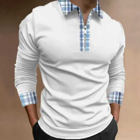 Outlet OUKU Men's Plaid Zip Polo Shirts Golf Shirt Long Sleeve Polo Shirts Collared Shirts WorkWear Formal Wear Festival Wear 3D Print Quarter Zip Polo Fall & Winter Black White Blue