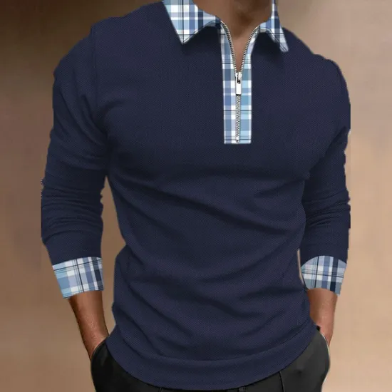 Outlet OUKU Men's Plaid Zip Polo Shirts Golf Shirt Long Sleeve Polo Shirts Collared Shirts WorkWear Formal Wear Festival Wear 3D Print Quarter Zip Polo Fall & Winter Black White Blue