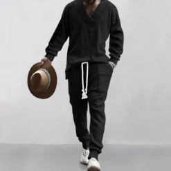 OUKU Men's Plain Basic Sweatshirts Sweatshirt Tracksuit Sweatsuit Long Sleeve Sweatshirt V Neck Streetwear Basic Casual Sports & Outdoor Daily Holiday 2 Piece Fall & Winter