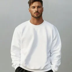 OUKU Men's Plain Sweatshirt Long Sleeve Sweatshirt Crew Neck Basic Athletic non-printing Casual Daily Sports Fall Winter White