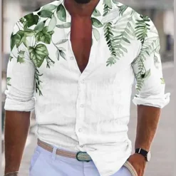 Outlet OUKU Men's Plant Shirt Linen Shirt Casual Shirt Long Sleeve Modern Contemporary Casual Hawaiian Vacation Going out Beach Summer Spring Turndown Print Button-Down Blue Purple Green Coffee