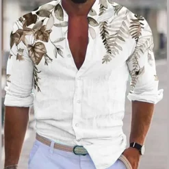 Outlet OUKU Men's Plant Shirt Linen Shirt Casual Shirt Long Sleeve Modern Contemporary Casual Hawaiian Vacation Going out Beach Summer Spring Turndown Print Button-Down Blue Purple Green Coffee