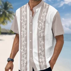New OUKU Men's Plants Bamboo Shirt Stand Collar Shirt Short Sleeve Fashion Casual Vacation Holiday Beach Wear Summer Spring Mandarin Collar Band Collar Grandad Collar Button Up 3D Print Linen Like Shirt Blue
