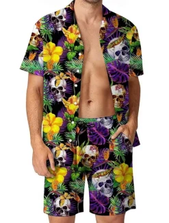Sale OUKU Men's Plants Skulls 2pcs Shirts Sets Summer Hawaiian Shirt Short Sleeve Short Pants Turndown Vacation Casual Outdoor Home Casual 3D Print Summer Robin's Egg Blue Black Amethyst