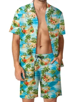 Sale OUKU Men's Plants Skulls 2pcs Shirts Sets Summer Hawaiian Shirt Short Sleeve Short Pants Turndown Vacation Casual Outdoor Home Casual 3D Print Summer Robin's Egg Blue Black Amethyst