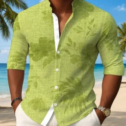 Best OUKU Men's Plants Tropical Leaf Shirt Button Up Shirt Stand Collar Shirt Long Sleeve Hawaiian Outdoor Vacation Daily Spring Fall Mandarin Collar Band Collar 3D Print Linen Like Shirt Light Blue Blue