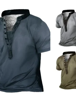 Best OUKU Men's Plus Size Big Tall T shirt Tee Tee Stand Collar Blue Green Gray Short Sleeves Outdoor Going out Button-Down Plain Clothing Apparel Cotton Blend Streetwear Stylish Casual