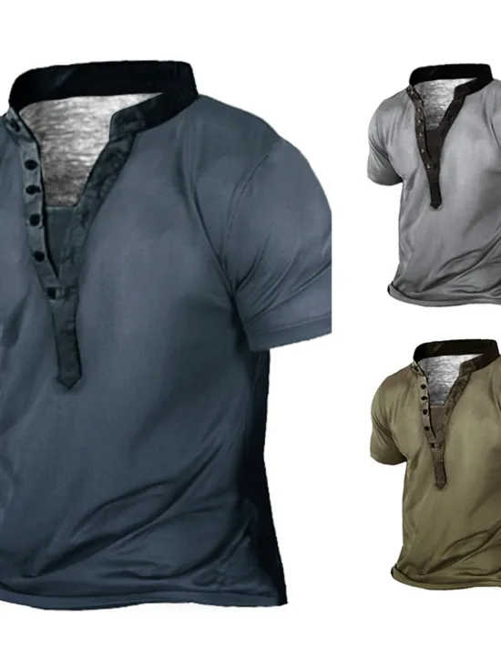 Best OUKU Men's Plus Size Big Tall T shirt Tee Tee Stand Collar Blue Green Gray Short Sleeves Outdoor Going out Button-Down Plain Clothing Apparel Cotton Blend Streetwear Stylish Casual