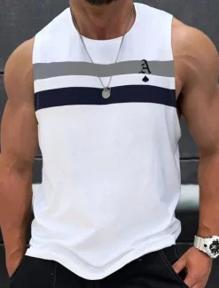 Online OUKU Men's Poker Line Shirt Vest Top Sleeveless T shirt 3D Print Crew Neck Shirt Daily Athleisure Party Street Casual Summer Spring Clothing Apparel S M L XL XXL XXXL White