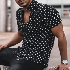 Clearance OUKU Men's Polka Dot Geometric Pattern Shirt Button Up Shirt Short Sleeve Sports Fashion Designer Daily Holiday Summer Spring Turndown Print Black