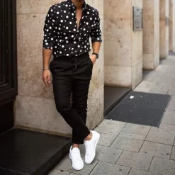 Online OUKU Men's Polka Dot Geometric Pattern Shirt Button Up Shirt Long Sleeve Fashion Streetwear Designer Street Casual Daily Collar Black White Blue Purple