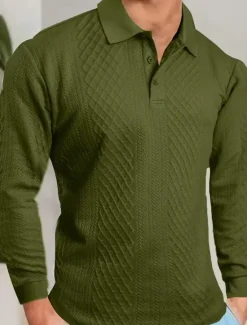 Online OUKU Men's Polo Business Casual Lapel Long Sleeve Fashion Modern Solid Color Jacquard Buttons Spring Fall Winter Grey Black White Navy Blue Brown Army Green Polo