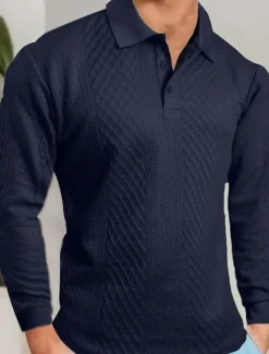 Online OUKU Men's Polo Business Casual Lapel Long Sleeve Fashion Modern Solid Color Jacquard Buttons Spring Fall Winter Grey Black White Navy Blue Brown Army Green Polo