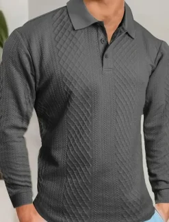 Online OUKU Men's Polo Business Casual Lapel Long Sleeve Fashion Modern Solid Color Jacquard Buttons Spring Fall Winter Grey Black White Navy Blue Brown Army Green Polo
