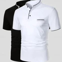 Hot OUKU Men's Polo Casual Holiday Stand Collar Short Sleeve Leisure Comfortable Plain Buttons Summer White + Navy White + White White + Black White + Red Polo