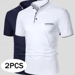 Hot OUKU Men's Polo Casual Holiday Stand Collar Short Sleeve Leisure Comfortable Plain Buttons Summer White + Navy White + White White + Black White + Red Polo