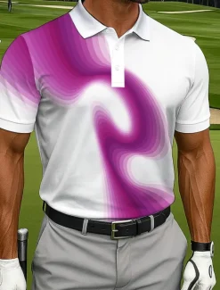 Best OUKU Men's Polo Casual Sports Turndown Short Sleeve Fashion Modern Geometic Golf 3D Print Buttons Summer Violet Lake Blue Blue Polo