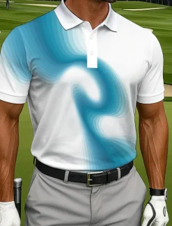 Best OUKU Men's Polo Casual Sports Turndown Short Sleeve Fashion Modern Geometic Golf 3D Print Buttons Summer Violet Lake Blue Blue Polo